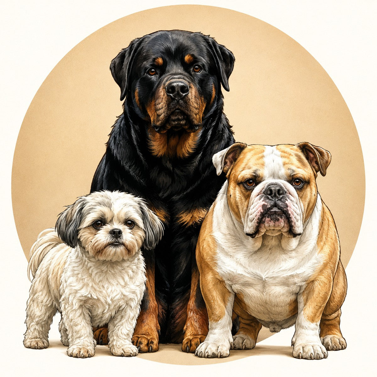 Illustration of the three YUP! dogs — a Rottweiler, a Shih Tzu and a bulldog