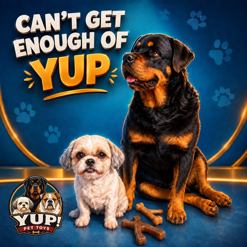 A Shih Tzu and a Rottweiler sitting beside YUP! chews
