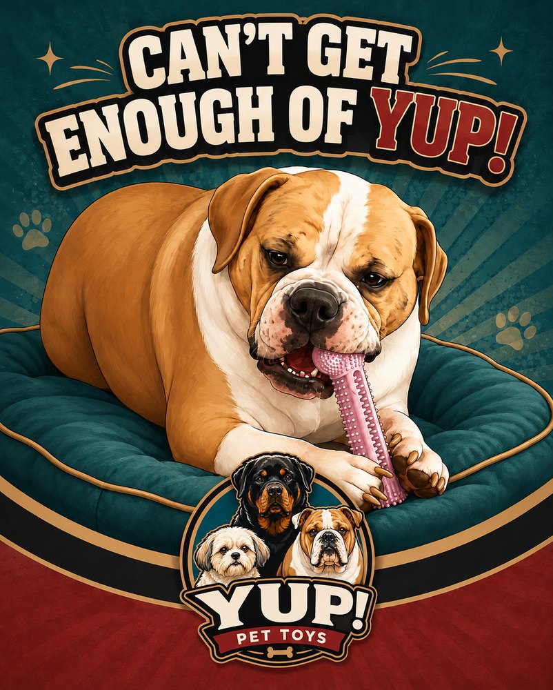A bulldog on a teal bed chewing a pink YUP! dental bone