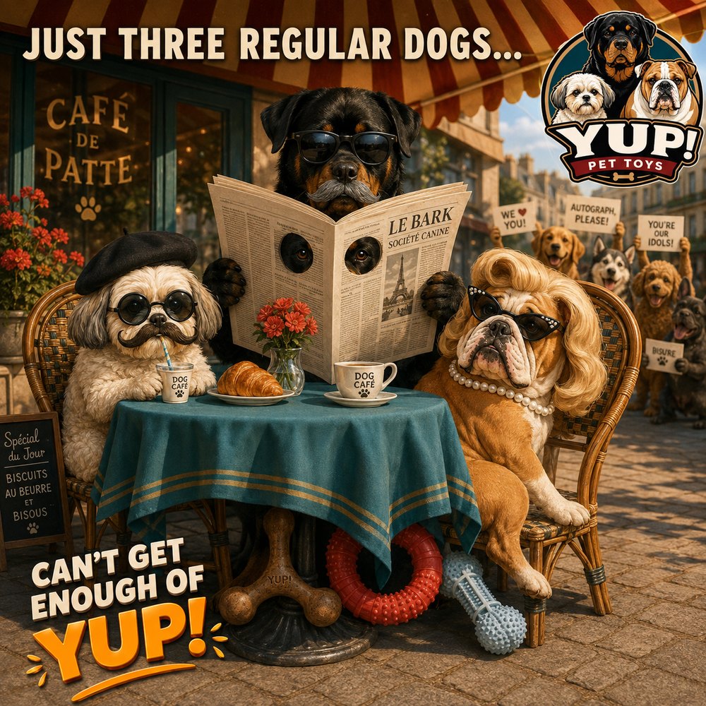 The three YUP! dogs in disguise at a Paris cafe with YUP! chews under the table