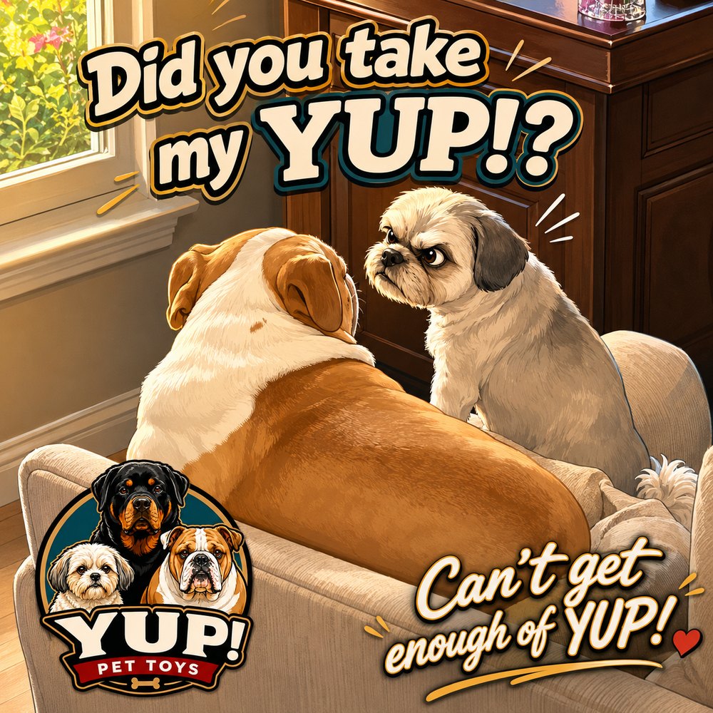 A Shih Tzu eyeing a bulldog, asking if it took its YUP! chew