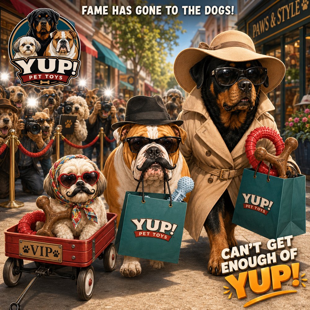 The three YUP! dogs in disguise carrying YUP! shopping bags past a crowd of paparazzi