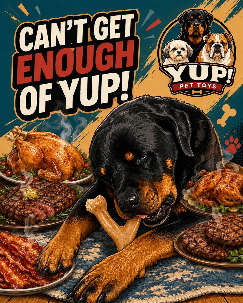 A Rottweiler resting its head beside a table of steak, turkey and bacon with a YUP! chew