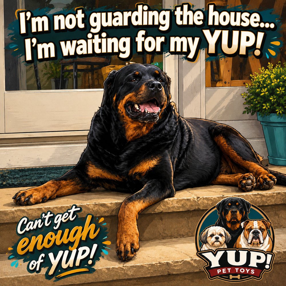 A Rottweiler waiting on the front steps for its YUP! chew