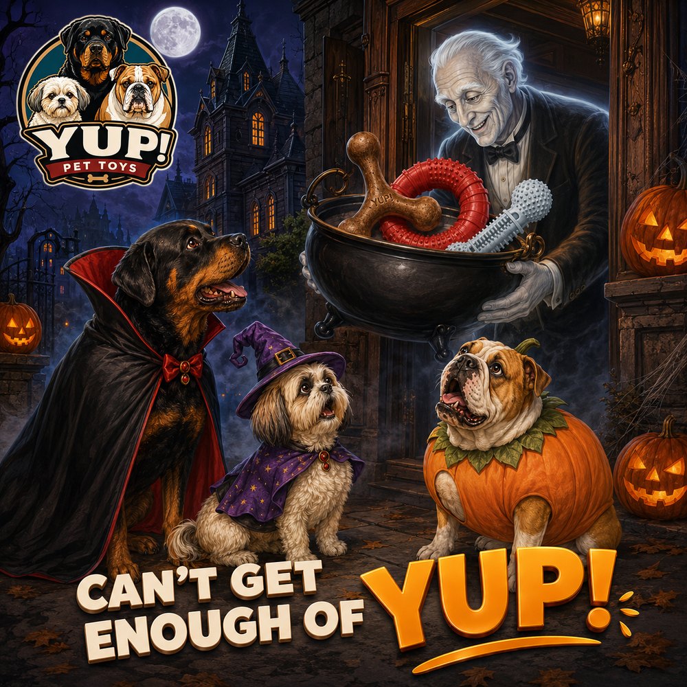 A caped Rottweiler, witch-hatted Shih Tzu and pumpkin-costumed bulldog receiving YUP! chews from a cauldron on Halloween