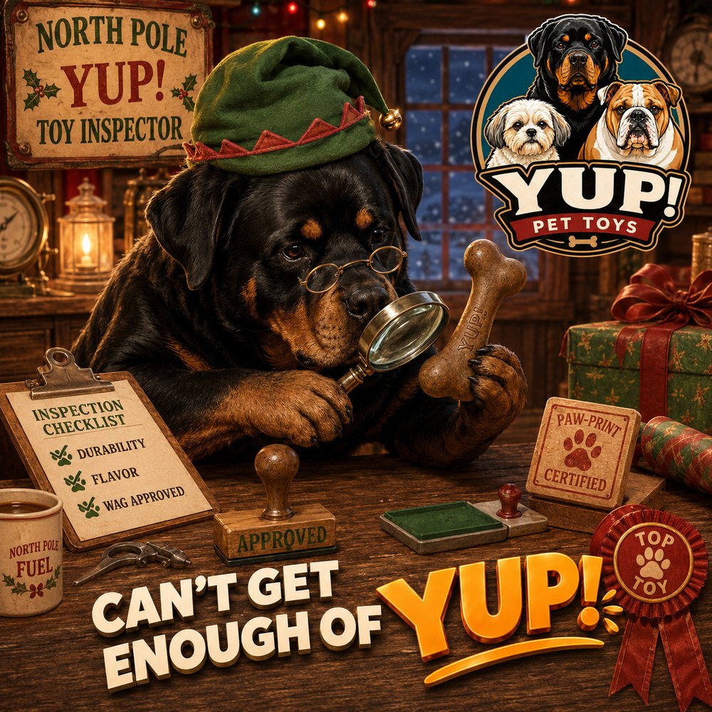 A Rottweiler in an elf hat inspecting a YUP! bone with a magnifying glass as North Pole toy inspector