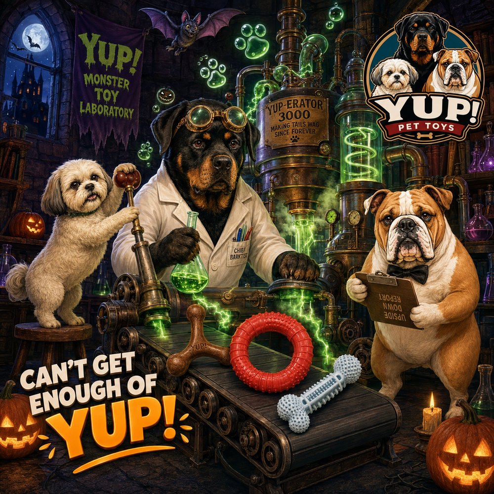 A Rottweiler in a lab coat making YUP! chews in a monster toy laboratory with a Shih Tzu and bulldog