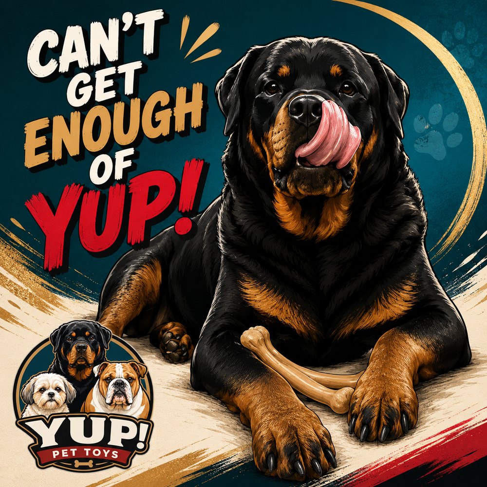 A Rottweiler licking its lips over a YUP! bone
