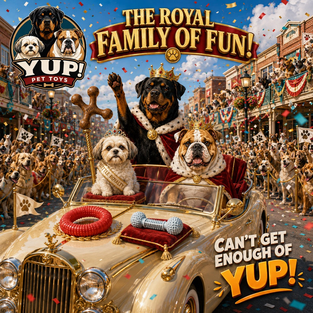 A crowned Rottweiler, Shih Tzu and bulldog riding a parade convertible loaded with YUP! chews through a confetti-filled street