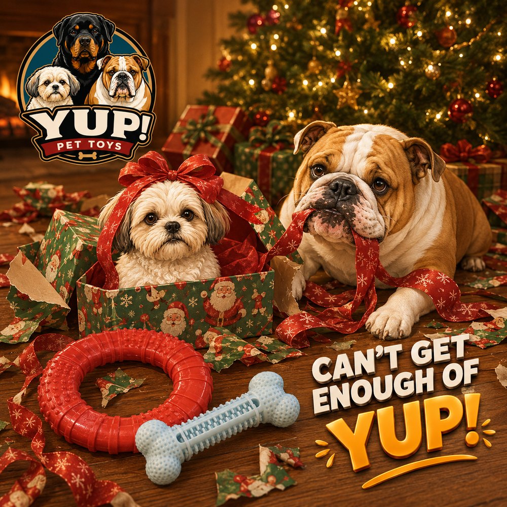 A Shih Tzu in a gift box and a bulldog unwrapping ribbon beside YUP! chews under the Christmas tree