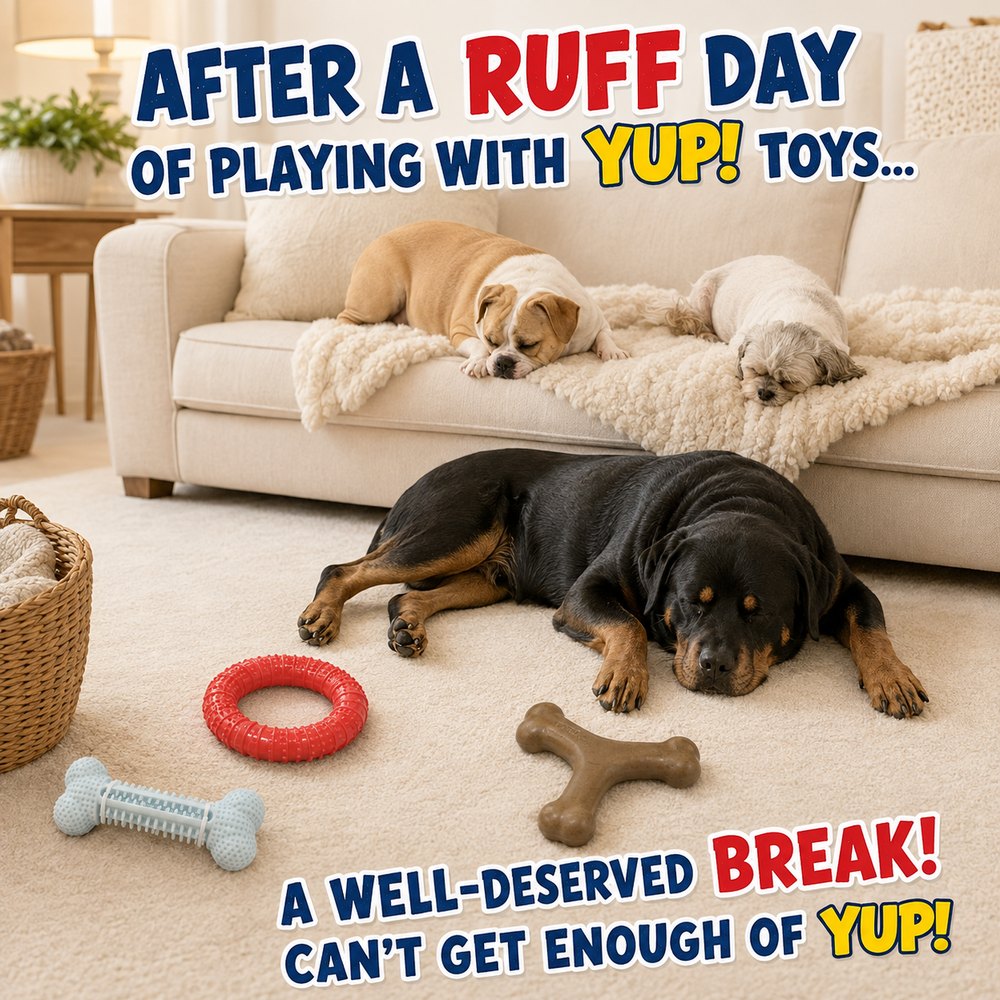Three dogs napping after a day of playing with YUP! toys