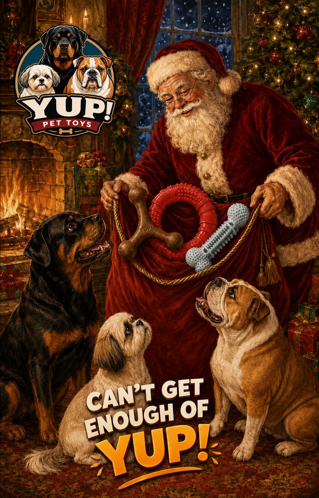 Santa handing YUP! chews from his sack to a Rottweiler, Shih Tzu and bulldog by the fire