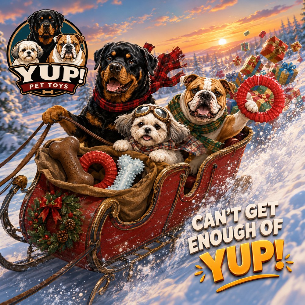 A Rottweiler, Shih Tzu and bulldog riding a sleigh full of YUP! chews through the snow