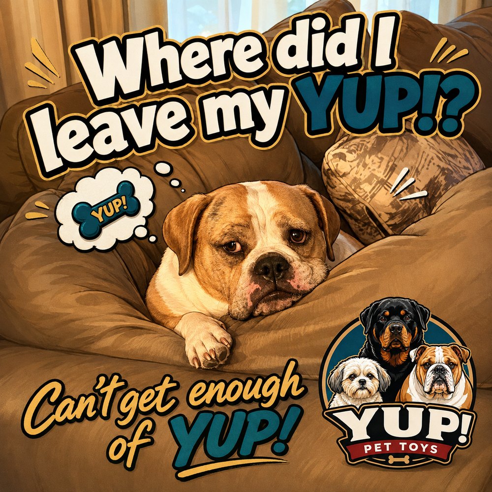 A bulldog on a couch wondering where it left its YUP! chew